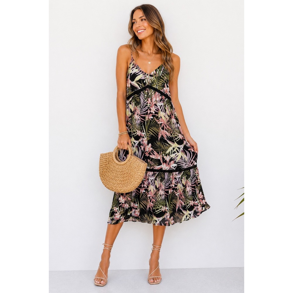CeCe Tropical Floral Midi Dress Black Pink Palm Print Boho cottage Resort Size 2